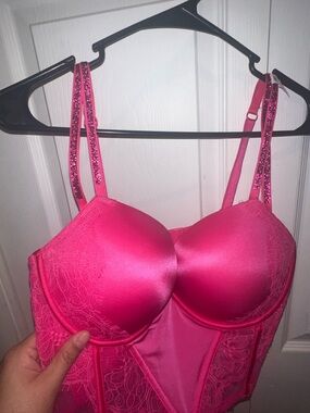 Hot Pink Lace Bustier Bra with Sparkle Straps
